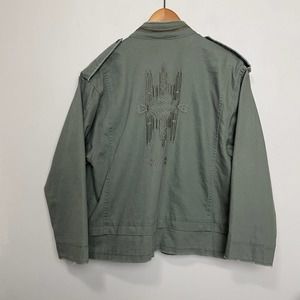 Zara Embroidered Distressed Field Jacket Long Sleeve Green Zip Cotton Army Green